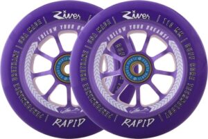 Roue trottinette River Jordan Clark 110 mm avec noyau alu anodisé, gomme 86A et roulements Flash Flood inclus. Idéale en park et street.