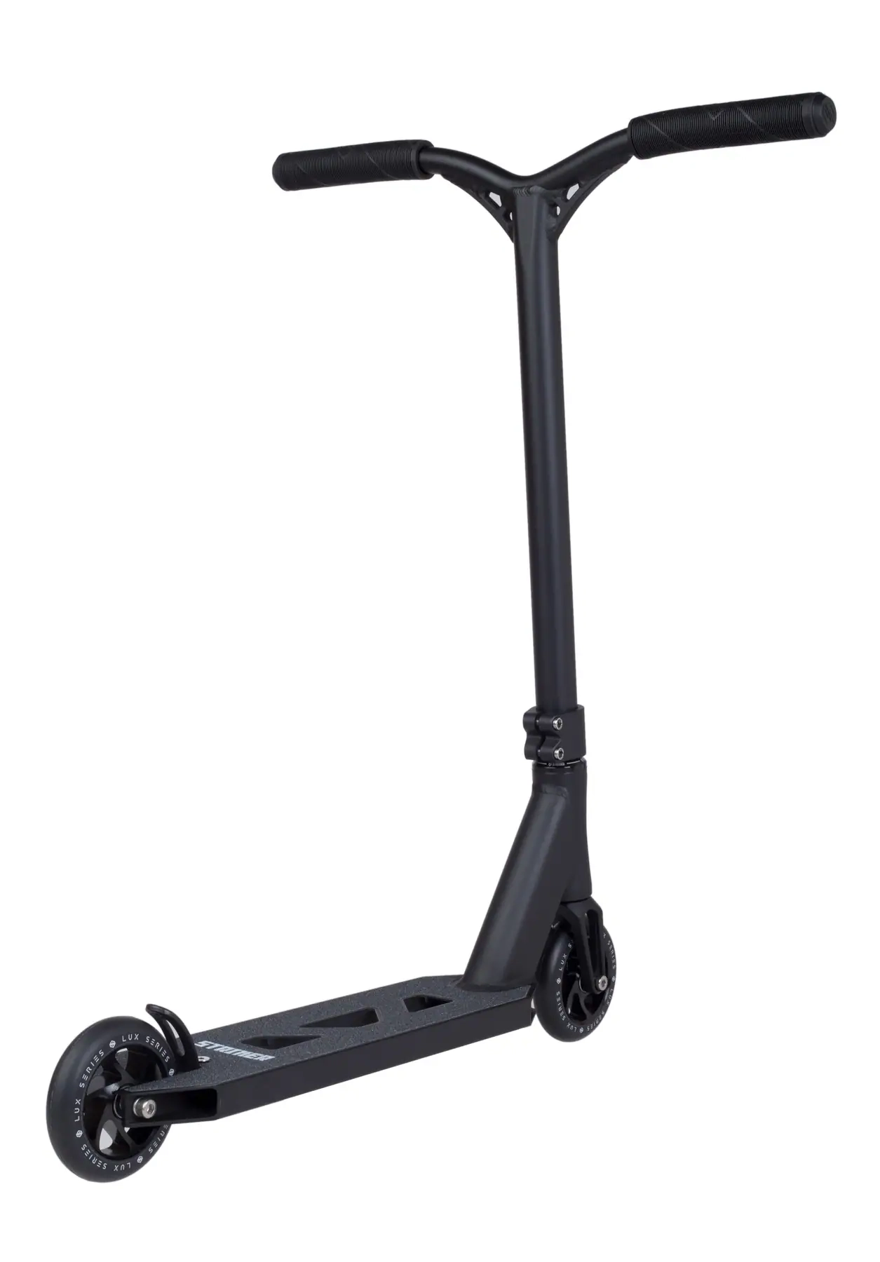 Trottinette freestyle Striker Lux légère pour le skatepark, avec guidon Y en aluminium, deck peg-cut et roues 110 mm, idéale pour les tricks aériens.