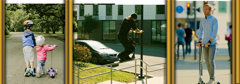 Photo de présentation avec 3 différents utilisateurs de trottinette