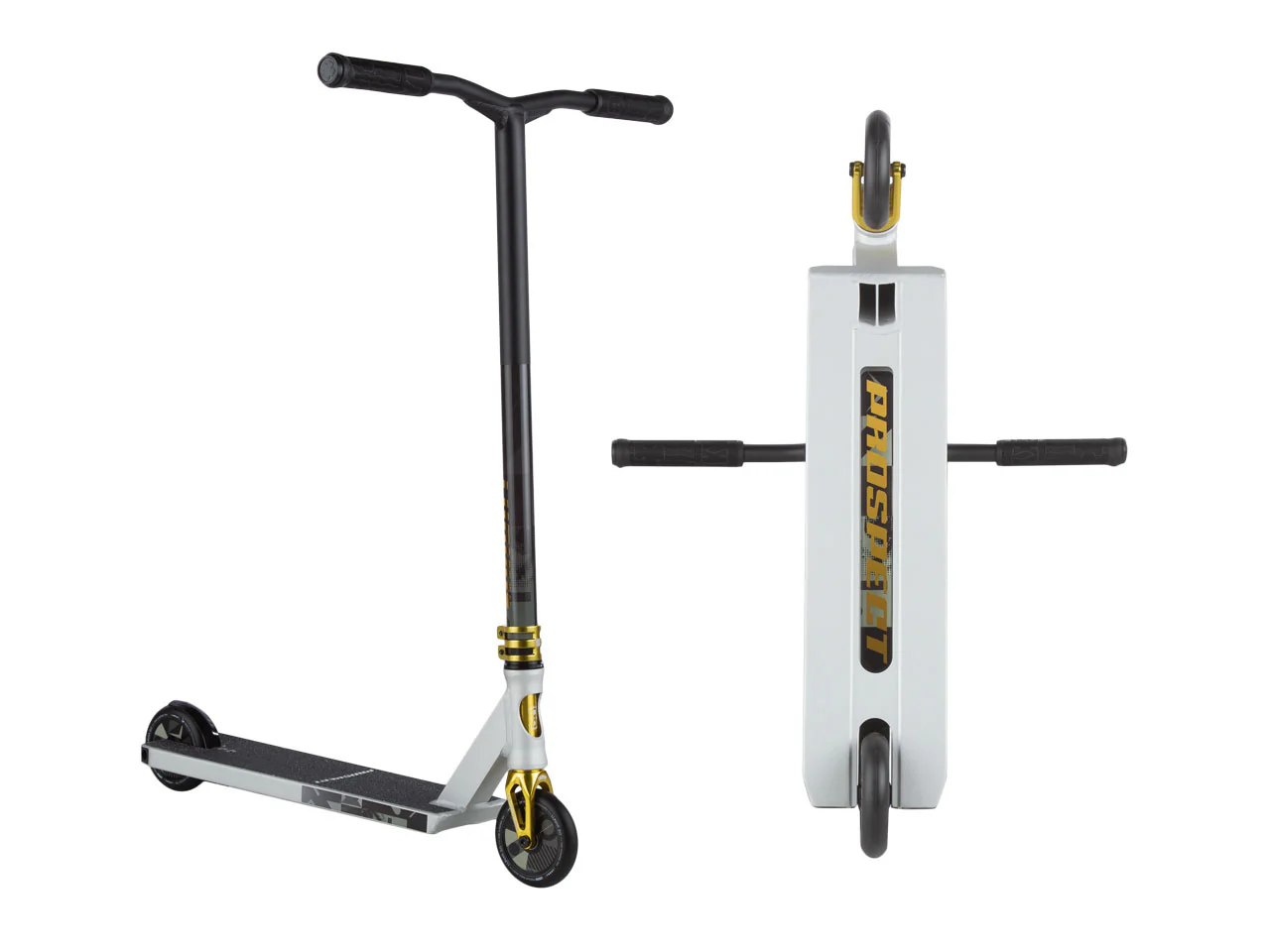 Trottinette freestyle Lucky Prospect 2025 noire et or avec guidon aluminium, roues Lunar 110 mm et deck 5.0 pouces