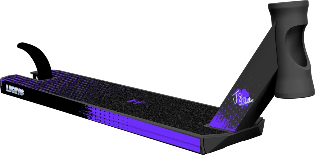 Deck freestyle Lucky V4 Jayden Sharman – aluminium 5" x 19.5", parfait pour le skatepark, finition haut de gamme et pré-équipé.